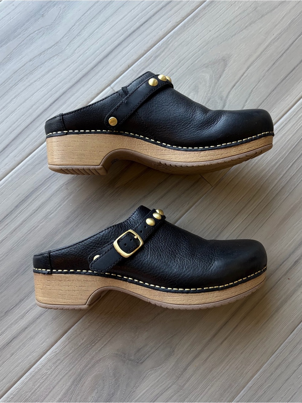 Dansko Black Leather Clog Mules with Gold Studs